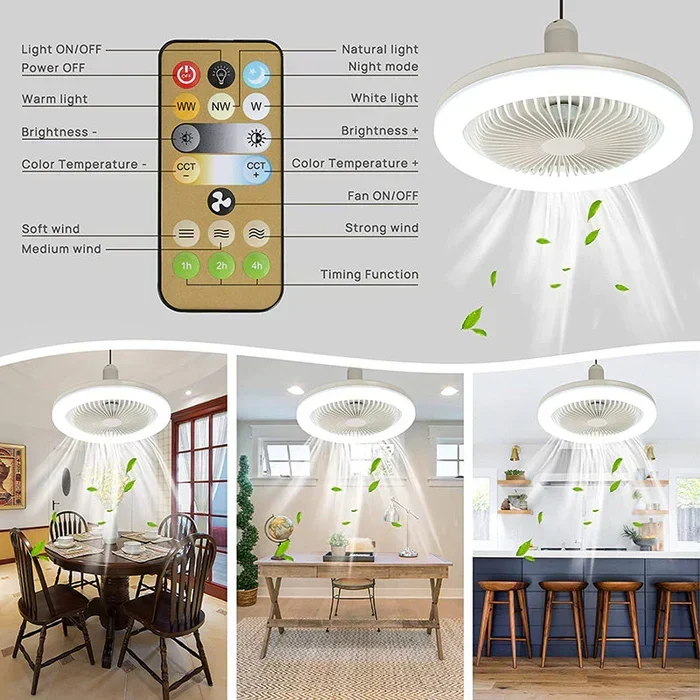 Plafondventilator met LED-verlichting E27 Afstandsbediening Verstelbare Snelheid Energiebesparend Stille Motor | Sansoti