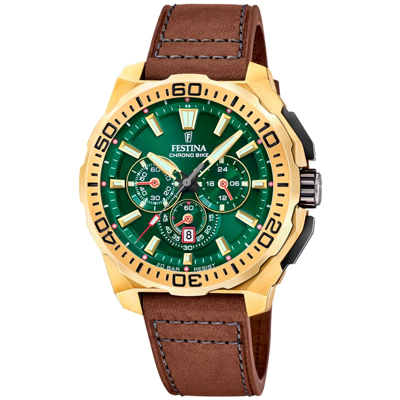 Festina Chrono Bike F20728/2 Herrenuhr • Quarz-Chronograph • Grünes Lederarmband