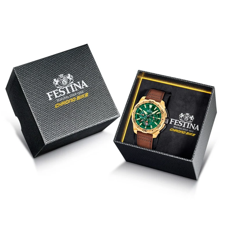 Festina Chrono Bike F20728/2 Herrenuhr • Quarz-Chronograph • Grünes Lederarmband