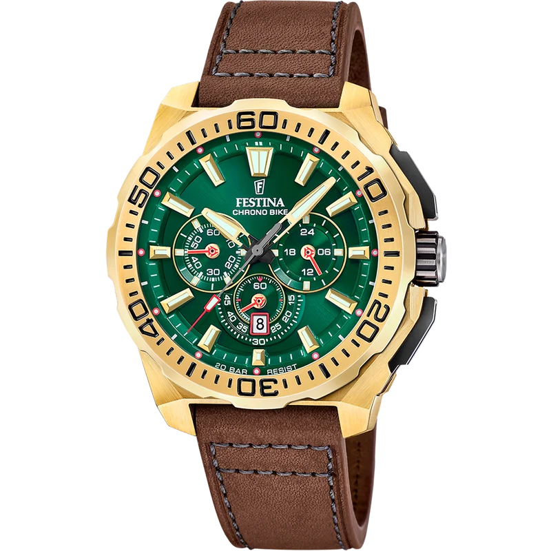 Festina Chrono Bike F20728/2 Herrenuhr • Quarz-Chronograph • Grünes Lederarmband