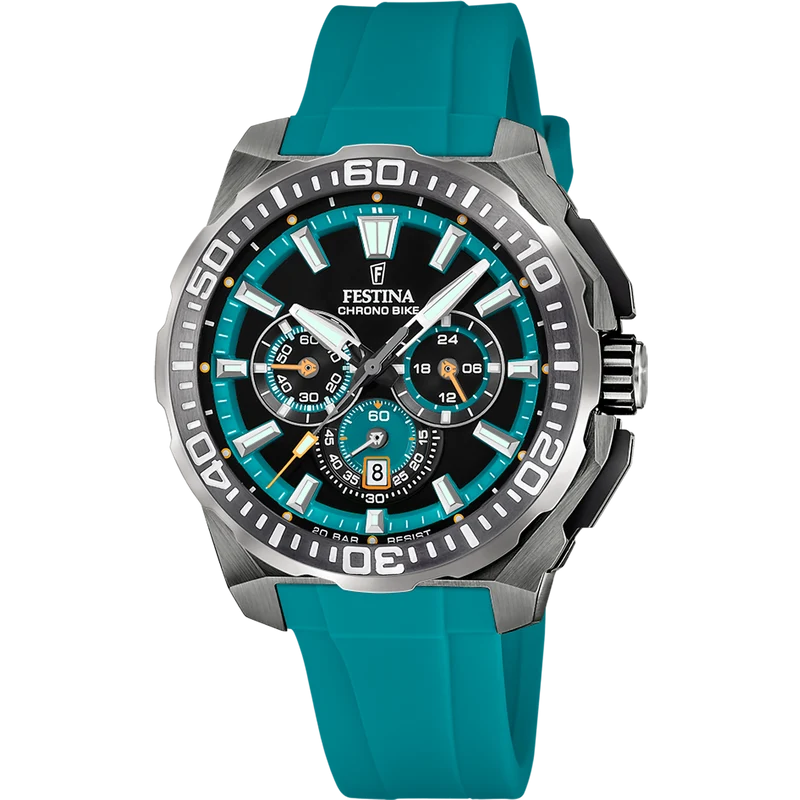 Festina Chrono Bike F20725/6 Herrenuhr Chronograph Schwarz/Türkis • Mineralglas • 20 ATM Wasserdicht