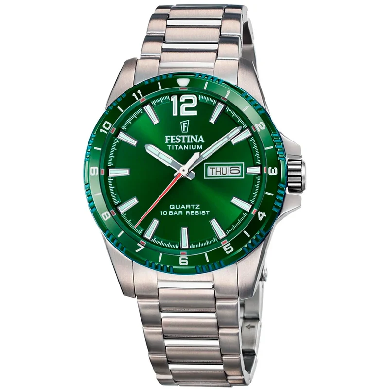 Festina Titanium F20698/3 Herrenuhr Grün • Titangehäuse & Titanarmband • 10 ATM