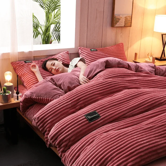 Fluwelen Dekbedovertrek Set Winter Koraalfleece Omkeerbaar Warm Beddengoed Queen King Size Slaapkamer | Sansoti