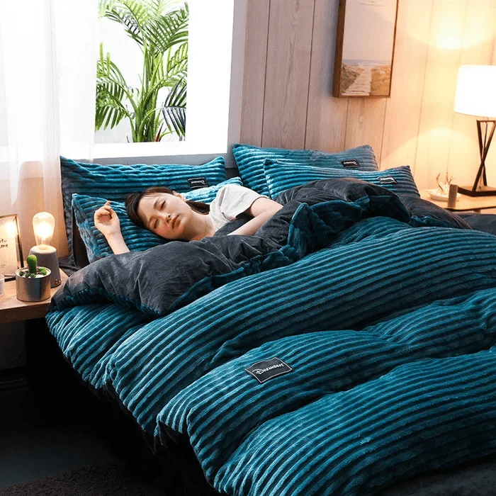 Fluwelen Dekbedovertrek Set Winter Koraalfleece Omkeerbaar Warm Beddengoed Queen King Size Slaapkamer | Sansoti