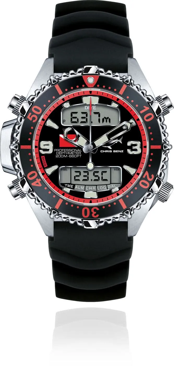 Chris Benz Depthmeter Digital 200M CB-D200X-R-KBS Taucheruhr • 200m Wasserdicht • Saphirglas