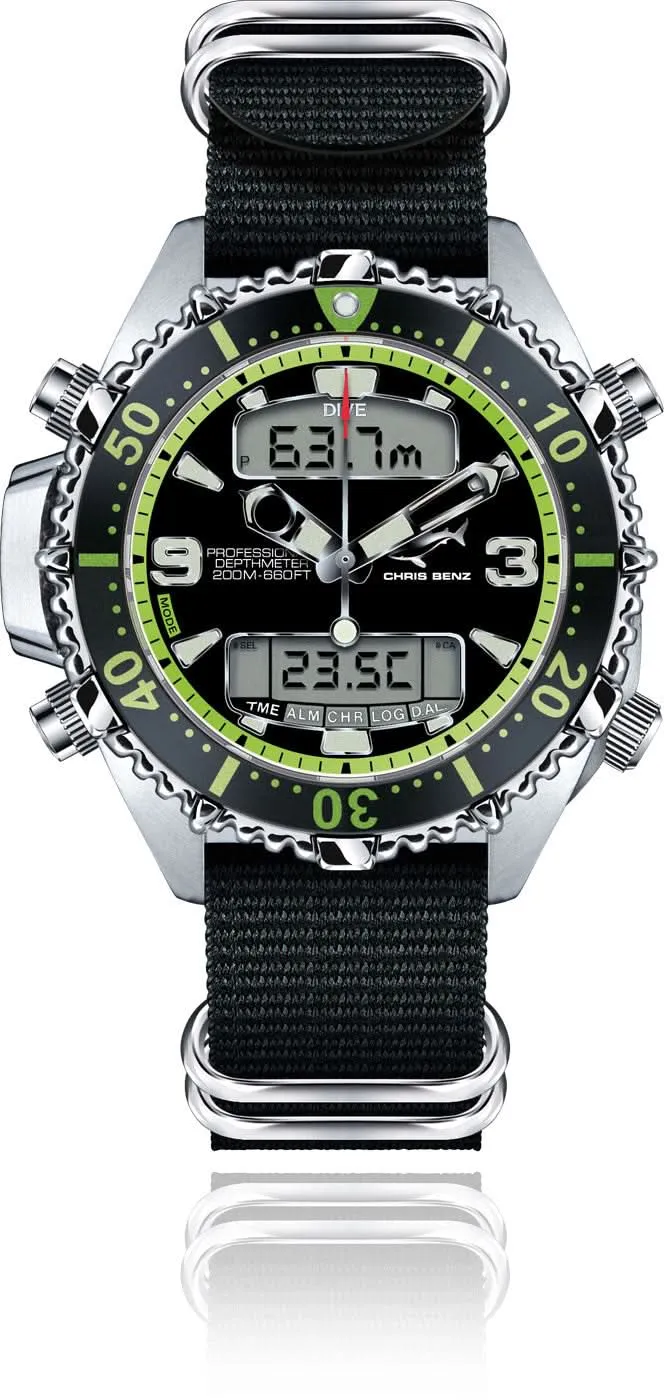 Chris Benz Depthmeter Digital 200M CB-D200X-G-NBS Herrenuhr • 200m Wasserdicht • Digitaler Tiefenmesser
