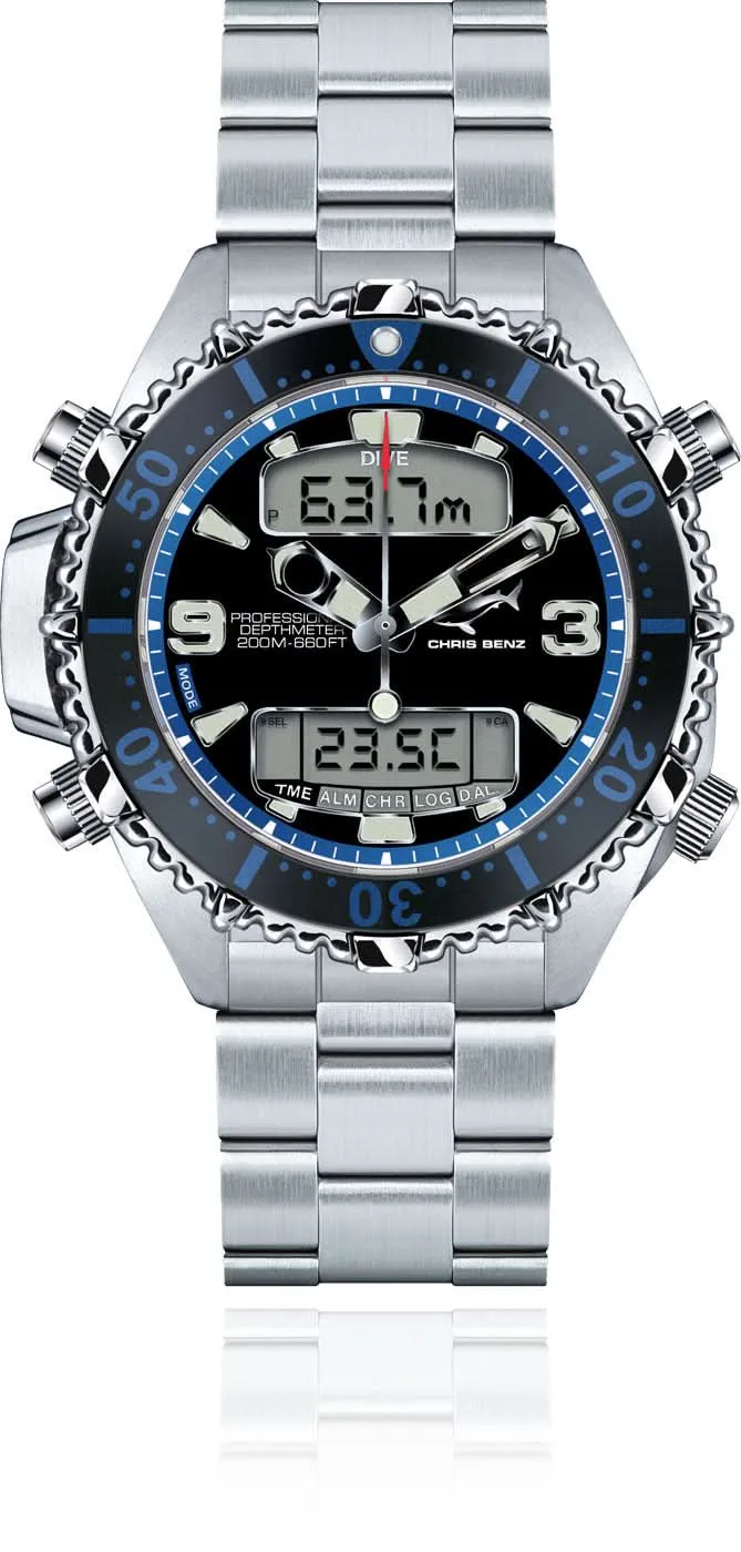 Chris Benz Depthmeter Digital CB-D200X-B-MB Uhr • 200m Wasserdicht • Digitaler Tiefenmesser