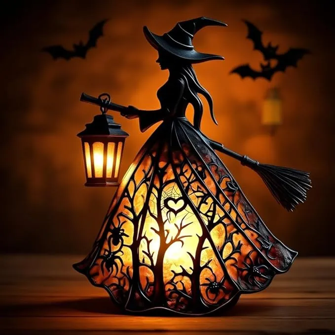 Halloween Decoratieve Lantaarn 30cm Gotisch LED Lamp Zwart Oranje Heksenlamp voor Feest Veranda Tafel Decoratie Mystieke Sfeer | Sansoti