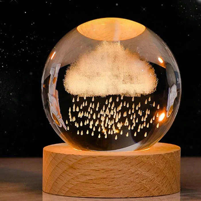 3D Gravure Verlichte Glazen Bol met Houten Voet | Cosmos Sterrenstelsel LED Nachtlampje USB Decoratieve Bol | Sansoti