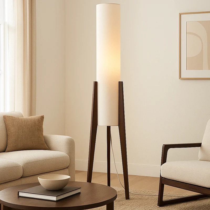 Staande Vloerlamp Massief Walnotenhout LED Warm Wit Licht Stoffen Kap Scandinavisch Woonkamer Leeshoek | Sansoti