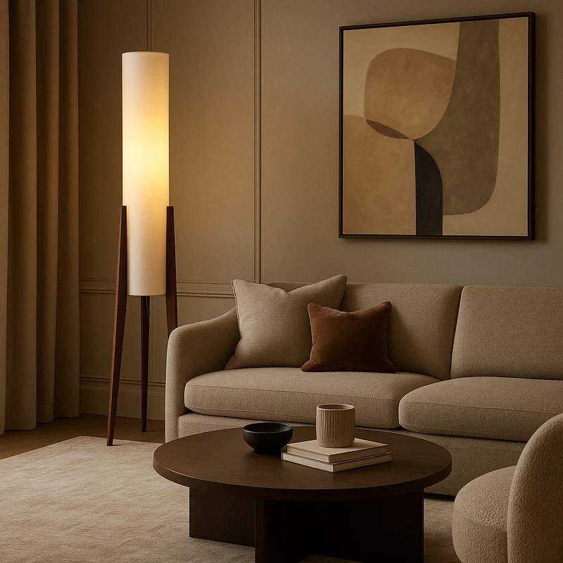 Staande Vloerlamp Massief Walnotenhout LED Warm Wit Licht Stoffen Kap Scandinavisch Woonkamer Leeshoek | Sansoti