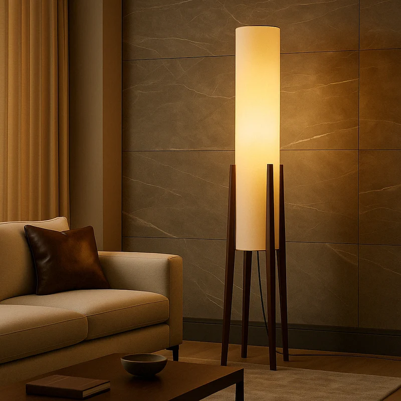 Staande Vloerlamp Massief Walnotenhout LED Warm Wit Licht Stoffen Kap Scandinavisch Woonkamer Leeshoek | Sansoti