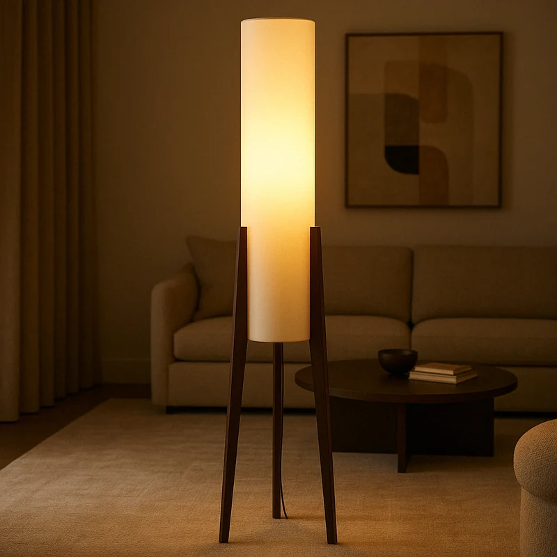 Staande Vloerlamp Massief Walnotenhout LED Warm Wit Licht Stoffen Kap Scandinavisch Woonkamer Leeshoek | Sansoti