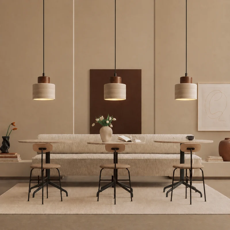 Travertijn Hanglamp Natuursteen Hout E27 Verstelbaar Snoer Eetkamer Keukeneiland Wabi-Sabi Scandinavisch | Sansoti