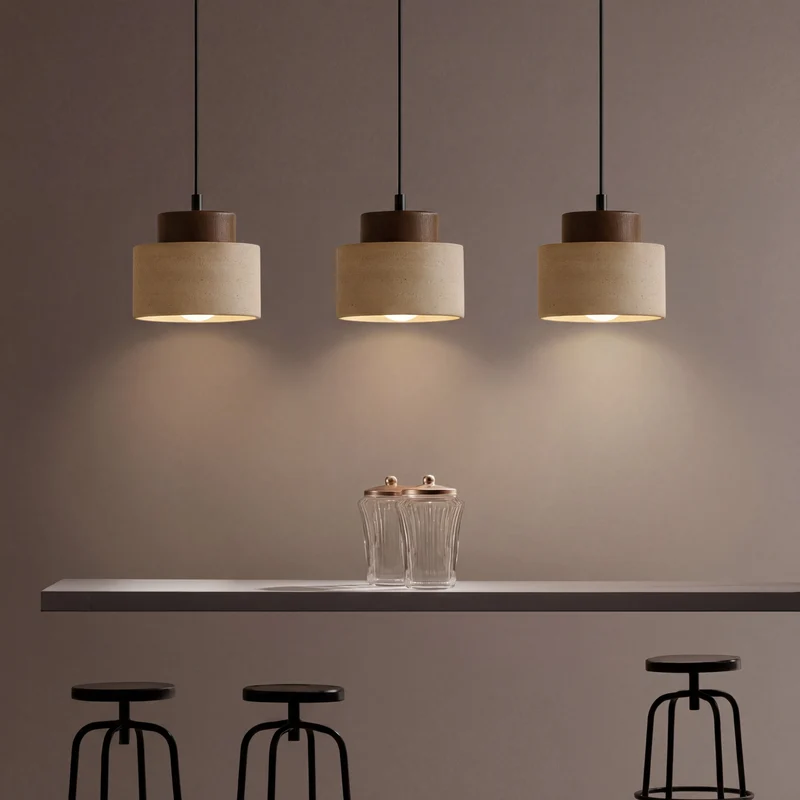 Travertijn Hanglamp Natuursteen Hout E27 Verstelbaar Snoer Eetkamer Keukeneiland Wabi-Sabi Scandinavisch | Sansoti