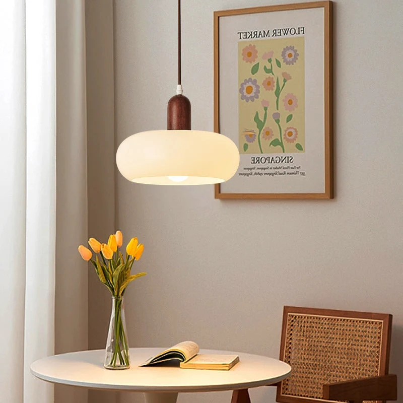 Hanglamp Crème Hout Glas E27 Scandinavisch Design Eetkamer Bar Verstelbaar Modern Interieur Woonkamer | Sansoti