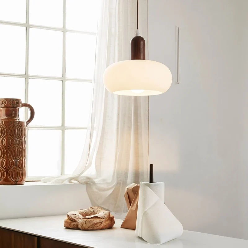 Hanglamp Crème Hout Glas E27 Scandinavisch Design Eetkamer Bar Verstelbaar Modern Interieur Woonkamer | Sansoti
