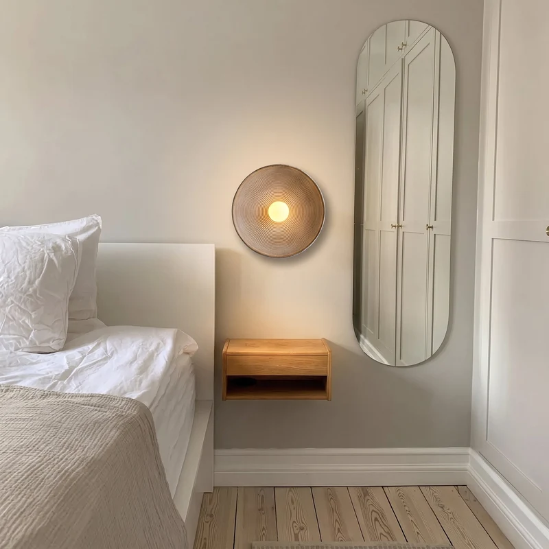 Wandlamp Hout Glas Rond Minimalistisch Warm LED Licht Eetkamer Bar Sfeervol Modern Interieur E27 Fitting | Sansoti