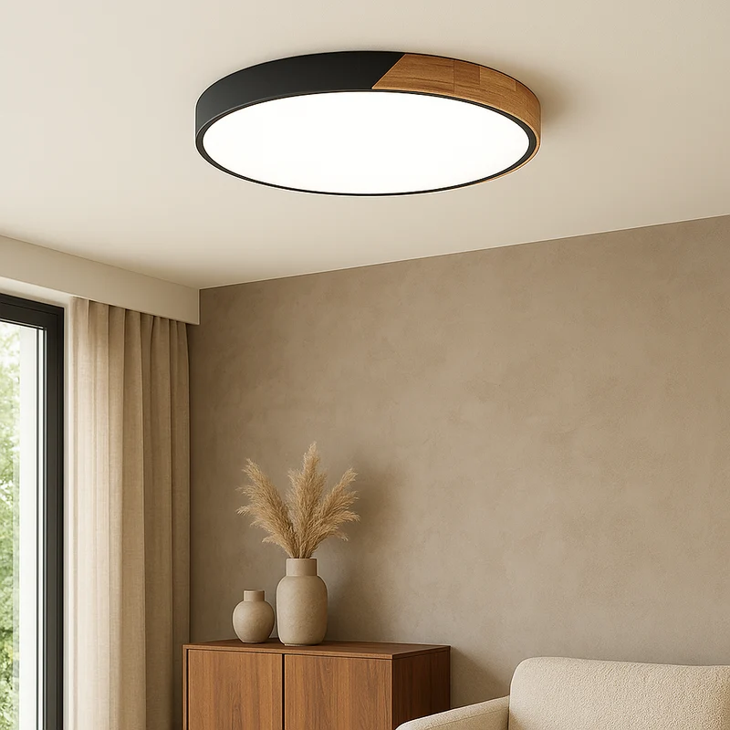 Houten Plafondlamp Rond met LED Verlichting voor Woonkamer Slaapkamer Hal Scandinavisch Design Dimbaar | Sansoti