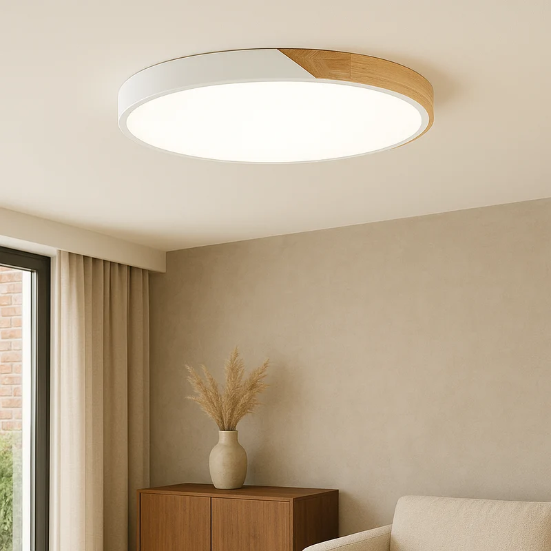Houten Plafondlamp Rond met LED Verlichting voor Woonkamer Slaapkamer Hal Scandinavisch Design Dimbaar | Sansoti
