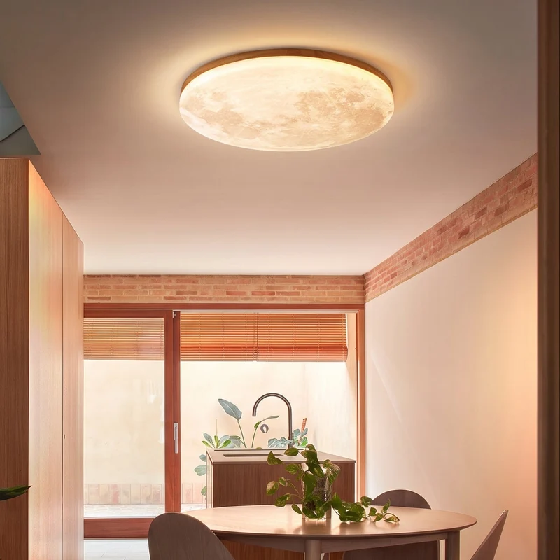 Ronde LED Plafondlamp Houtlook Dimbaar Slaapkamer Woonkamer Scandinavisch Zwevend Design Warm Licht Modern | Sansoti