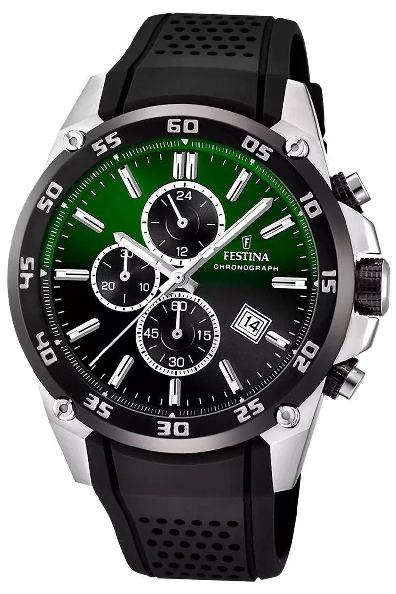 Festina F20330/B Herrenuhr Chronograph Schwarz/Dunkelgrün • Chronographenfunktion • Kautschukarmband