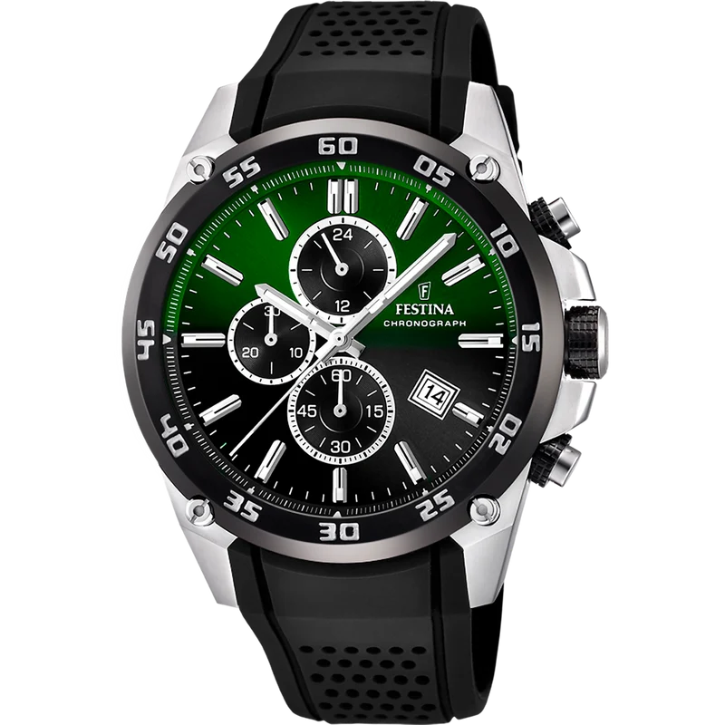 Festina F20330/B Herrenuhr Chronograph Schwarz/Dunkelgrün • Chronographenfunktion • Kautschukarmband