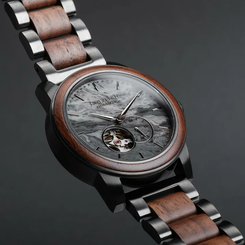 Holzkern Chicago Automatik Herren • Walnussholz & Marmor • Japanisches Automatikwerk