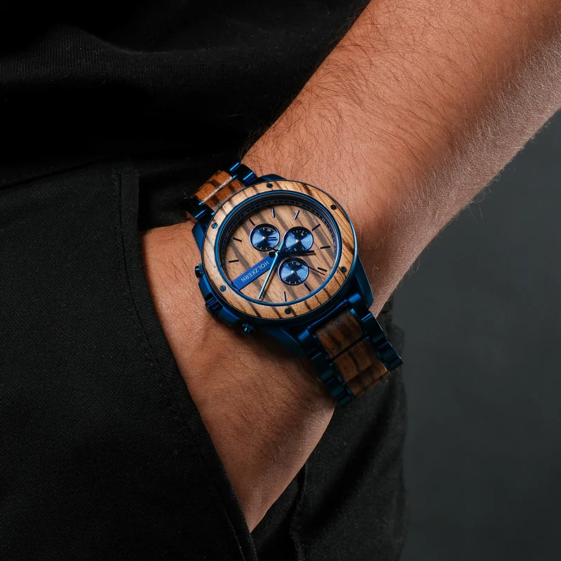 Holzkern Gareth Armbanduhr Blau-Braun • Quarzwerk • Edelstahl & Holz