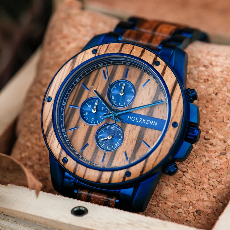 Holzkern Gareth Armbanduhr Blau-Braun • Quarzwerk • Edelstahl & Holz