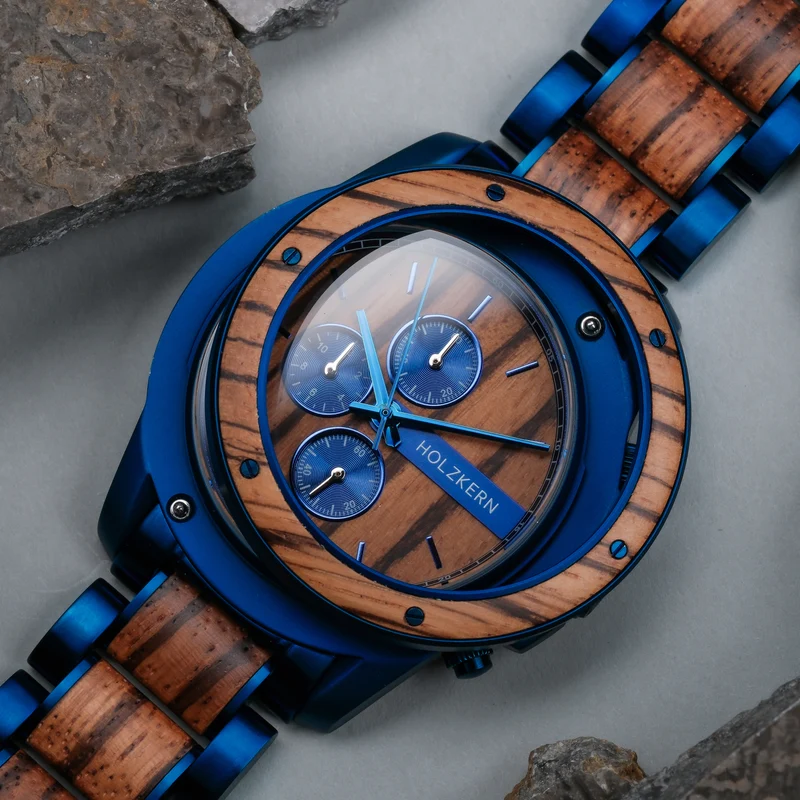 Holzkern Gareth Armbanduhr Blau-Braun • Quarzwerk • Edelstahl & Holz