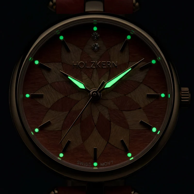 Holzkern Mirrormaze Damen Armbanduhr Goldfarben • Saphirglas • Holzmarketerie Tulpenbaum