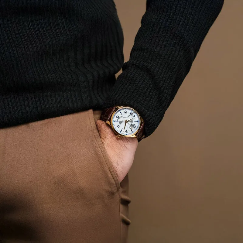 Holzkern Primetime Herrenuhr Goldfarben • Echter Howlith • Schlankes Edelstahlgehäuse