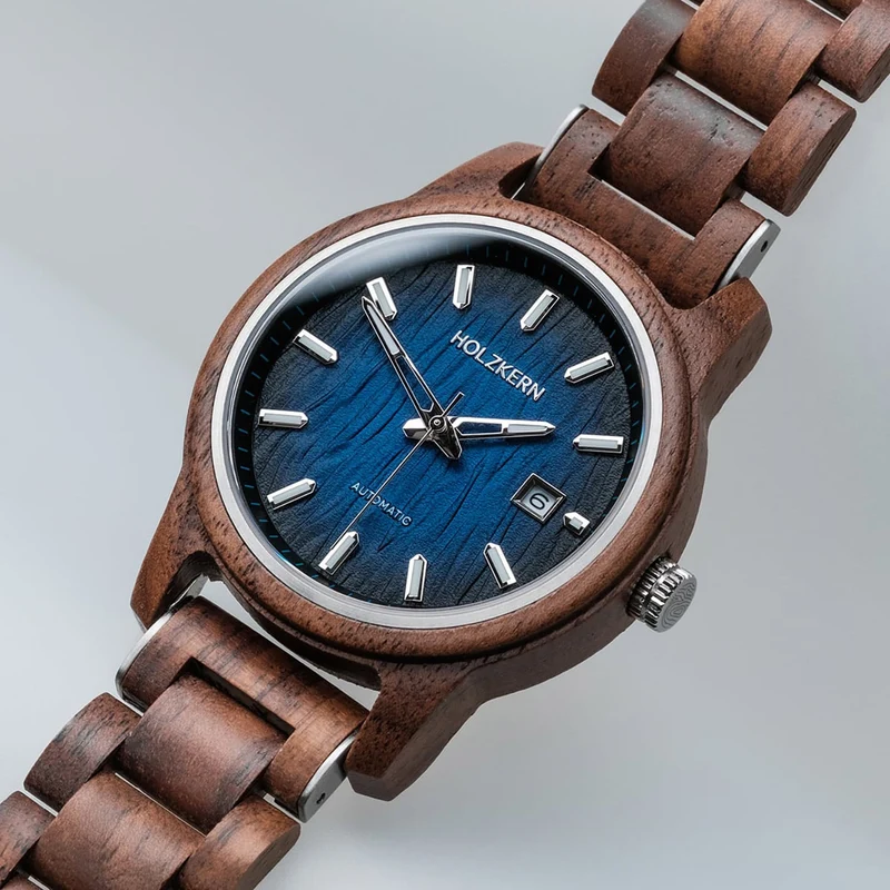 Holzkern Nightbird Herrenuhr Walnuss/Blau • Automatikwerk • Saphirglas