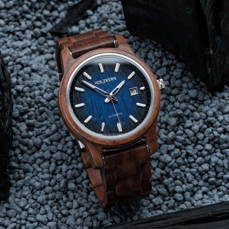 Holzkern Nightbird Herrenuhr Walnuss/Blau • Automatikwerk • Saphirglas