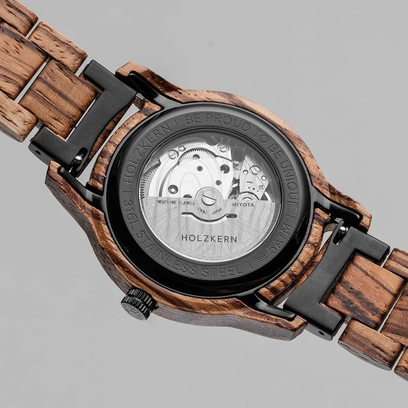 Holzkern Nightbird Herren Armbanduhr Grün • Automatikwerk • Naturholz Zebrano