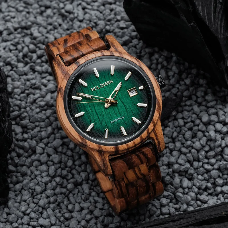 Holzkern Nightbird Herren Armbanduhr Grün • Automatikwerk • Naturholz Zebrano