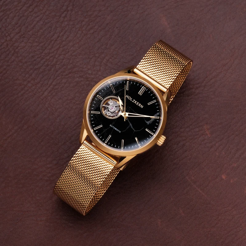 Holzkern Inverno Unisex-Armbanduhr Marmor/Goldfarben • Automatikwerk • Schwarzer Marmor