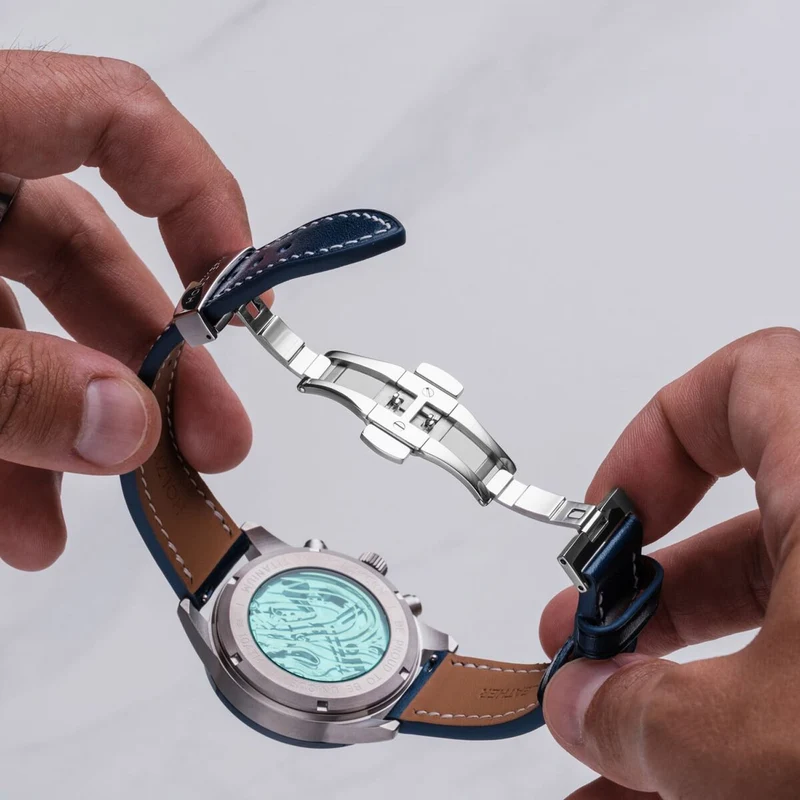Holzkern Neverrest Herrenuhr Marmor/Blau • Titan-Gehäuse • Tachymeter-Lünette