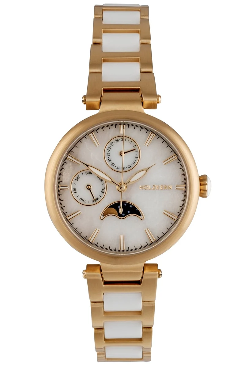 Holzkern Moonbow Damen Armbanduhr • Mondphasenanzeige • Marmor & Keramik