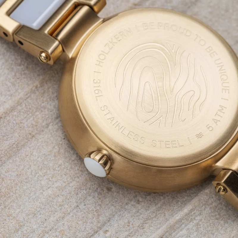 Holzkern Moonbow Damen Armbanduhr • Mondphasenanzeige • Marmor & Keramik