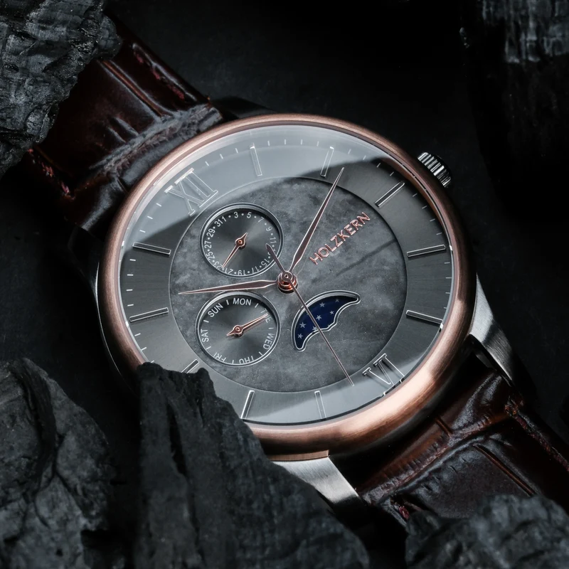 Holzkern Moonrise Armbanduhr Grau • Marmor-Zifferblatt • Miyota 6P21 Quarzwerk