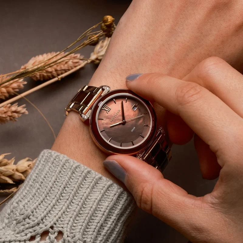 Holzkern Sunglister Damenarmbanduhr Roségold • Perlmutt-Zifferblatt • Mineralglas