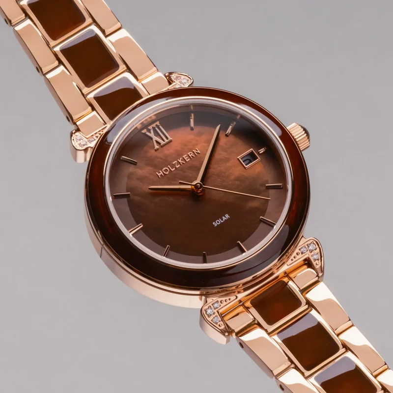 Holzkern Sunglister Damenarmbanduhr Roségold • Perlmutt-Zifferblatt • Mineralglas