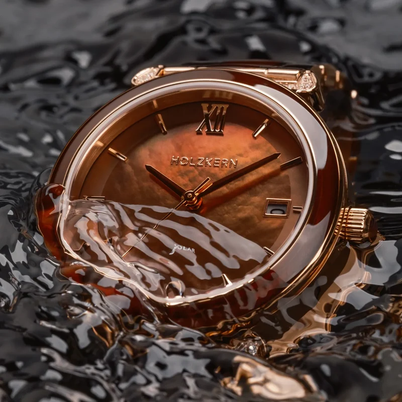 Holzkern Sunglister Damenarmbanduhr Roségold • Perlmutt-Zifferblatt • Mineralglas