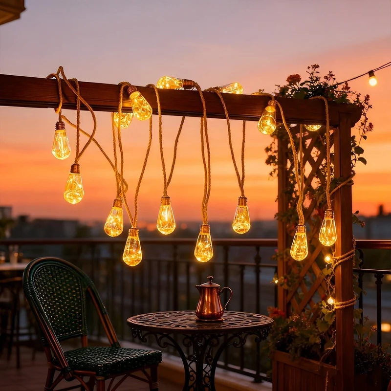 Solarlampen Buitenverlichting met Henneptouw 20 LED Warm Wit Waterdicht Decoratief voor Terras Tuin Balkon | Sansoti