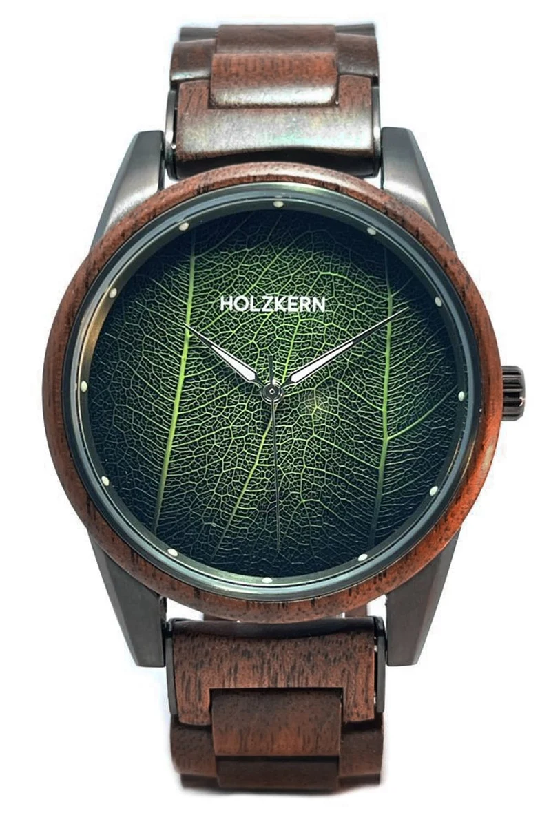 Holzkern Edisto Armbanduhr Braun • Japanisches Quarzwerk • Echtes Blatt-Zifferblatt