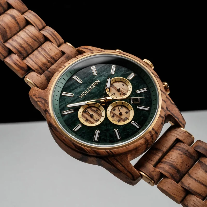 Holzkern Blätterdach Herrenuhr Chronograph Zebrano/Marmor • Japanisches Quarzwerk • Mineralglas