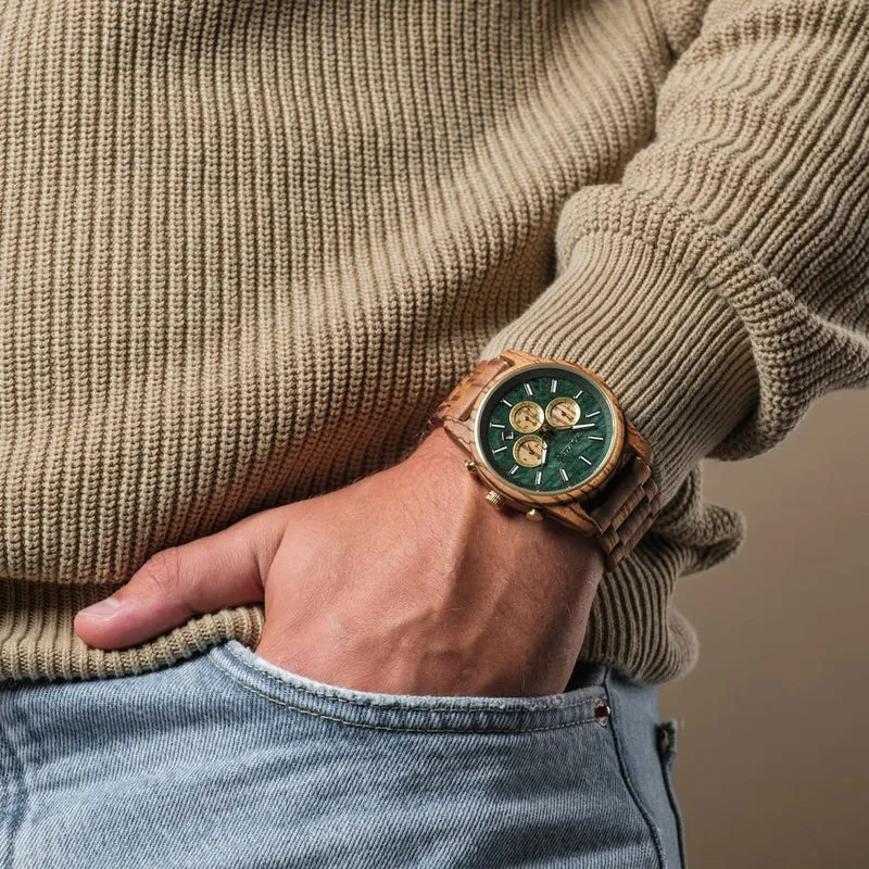 Holzkern Blätterdach Herrenuhr Chronograph Zebrano/Marmor • Japanisches Quarzwerk • Mineralglas