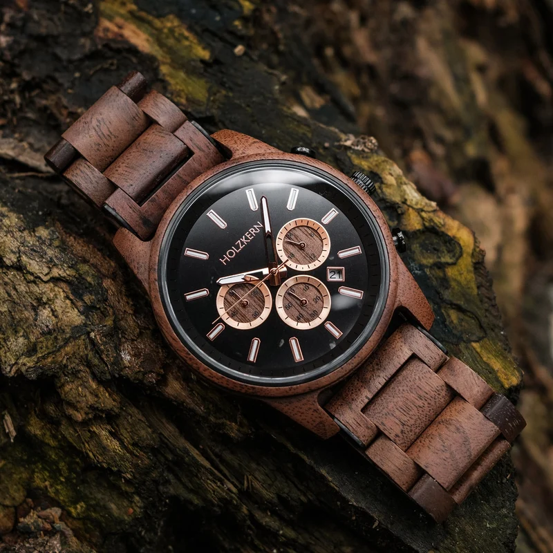 Holzkern Buschwerk HK1073 Herren Armbanduhr Braun • Chronographenwerk • Echtmarmor-Zifferblatt